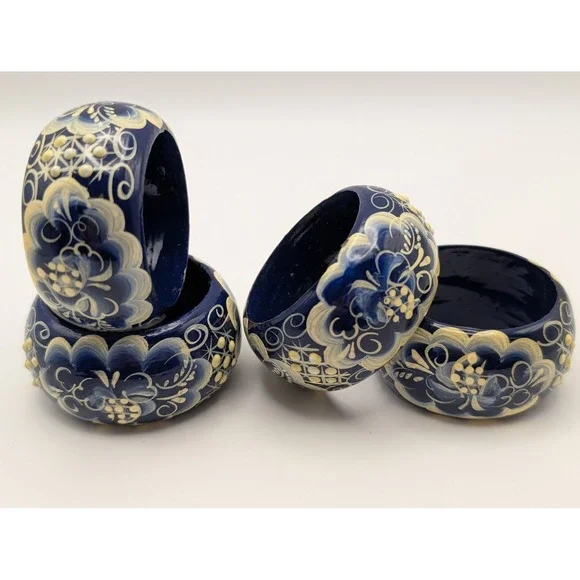 Hand Painted Blue Floral Wooden Napkin Rings Gzhel Style Set of 4 - Picture 3 of 4